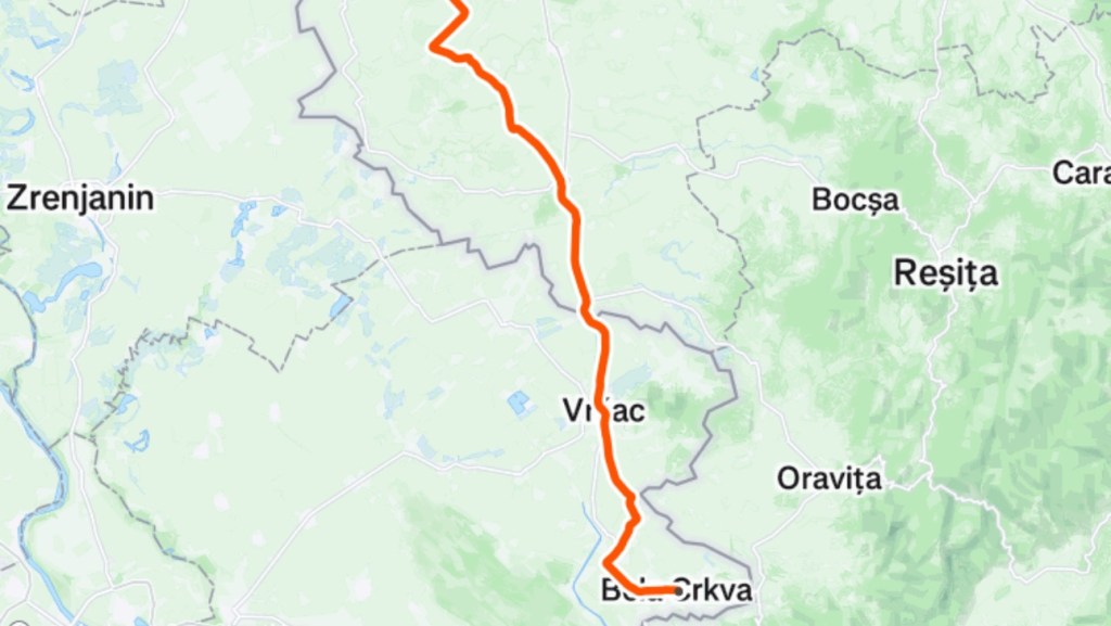 Map showing the route from Vrsac to Bela Krkva in Serbia, highlighted in orange.